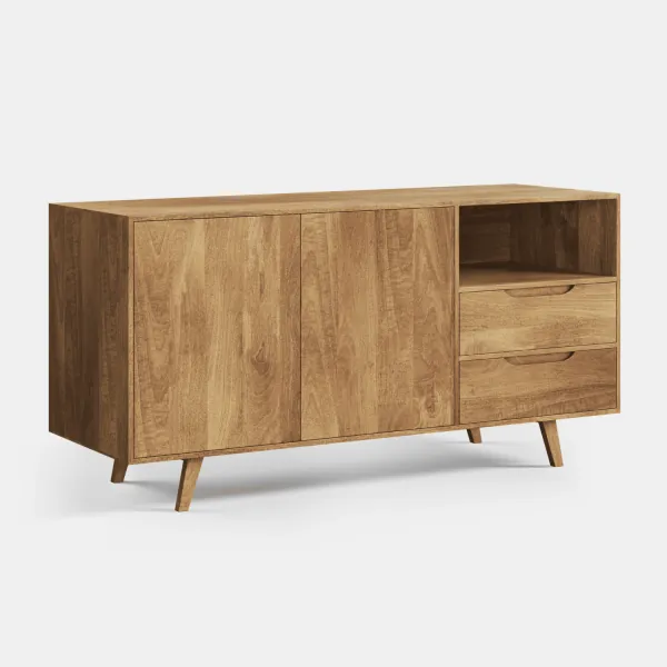 Emma sideboard in solid mango wood, angled side view, two doors, open shelf and two drawers