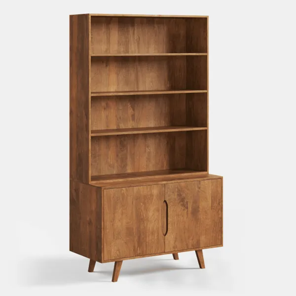 Gustav bookcase in solid mango wood, angled view, open shelves and cabinet with doors