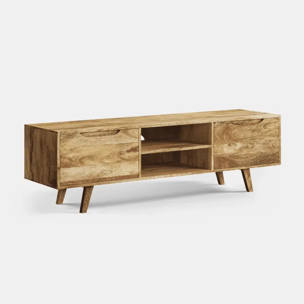 Ragnar TV cabinet in solid mango wood, angled view, two drawers and open shelf in the middle
