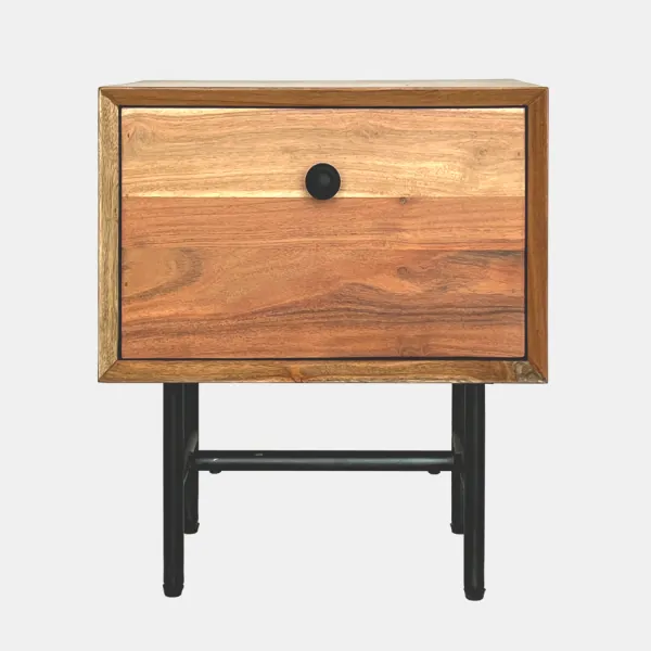 MIREK bedside table in acacia wood, front view, one drawer, black metal legs
