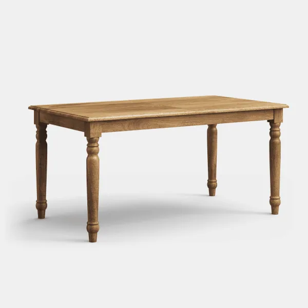 FLOTT table in solid mango wood, side view, rectangular top on turned legs