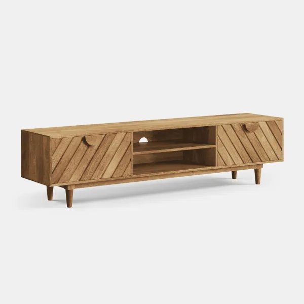 Irena TV cabinet made of mango wood, angled view, two grooved doors, open shelf in the middle