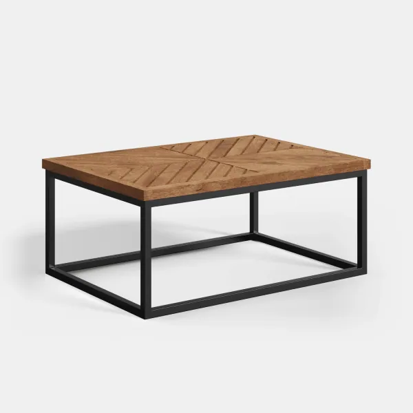 Coffee table with herringbone mango wood top on black metal frame, side view