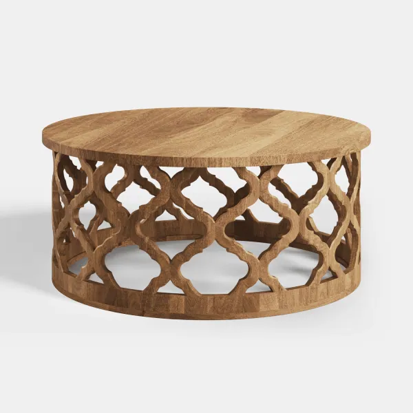 Round coffee table in solid mango wood, openwork base with Moroccan pattern, side view