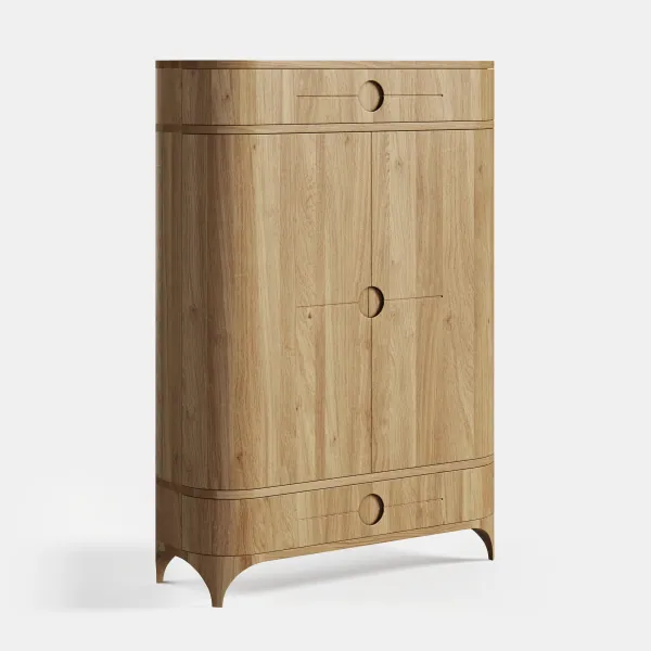 Giulia chest of drawers in solid oak wood, angled view, closed doors and drawers