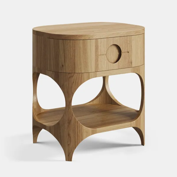 Luna nightstand in solid oak wood, side view, closed drawer, open shelf on curved legs