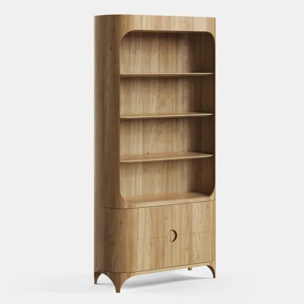 Antonio bookcase in oak wood, side view, open shelves and cabinet below