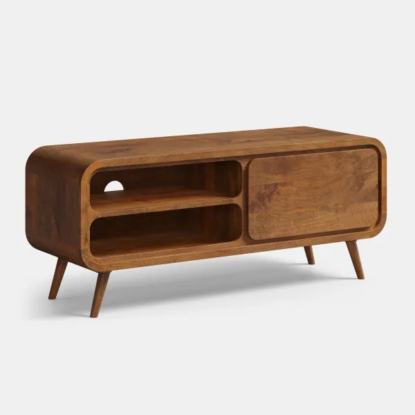 Zośka TV cabinet in solid mango wood, side view, open shelves and closed door