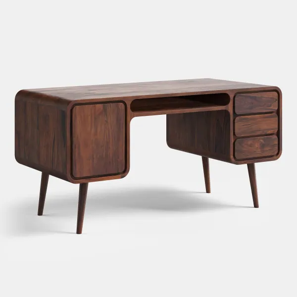Julian desk in solid wood, front-angle view showing three drawers and side cabinet