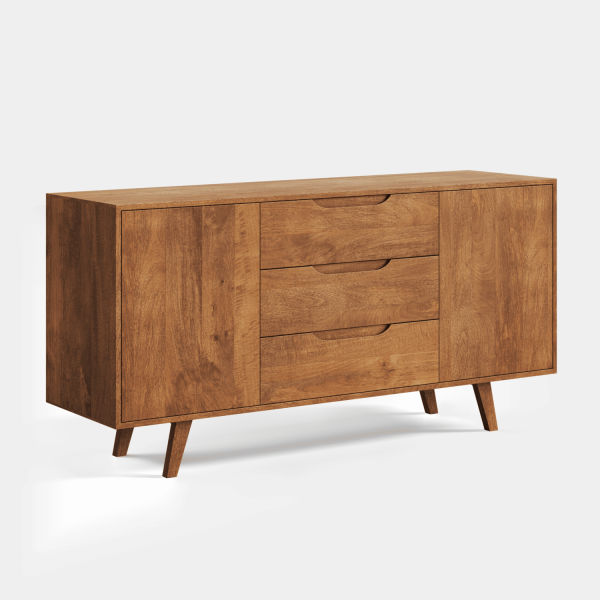 Ebba sideboard in solid mango wood, two doors and three drawers, angled view on plain background
